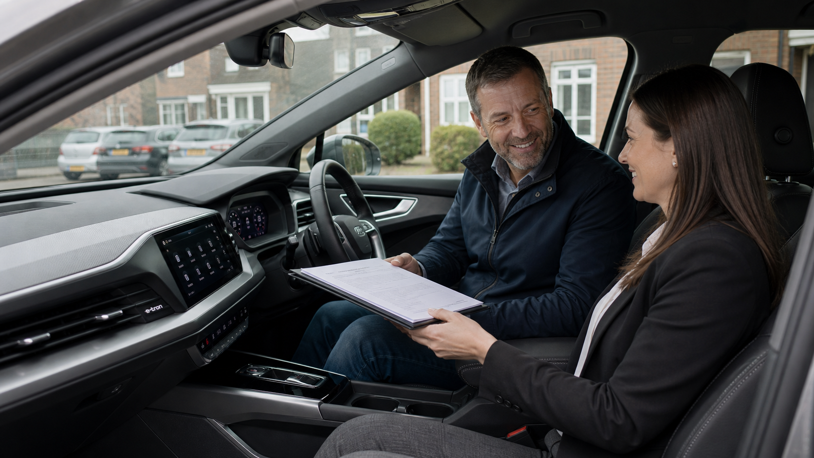 Two professionals in a right-hand-drive Audi Q4 e-tron style EV exchanging used lease paperwork