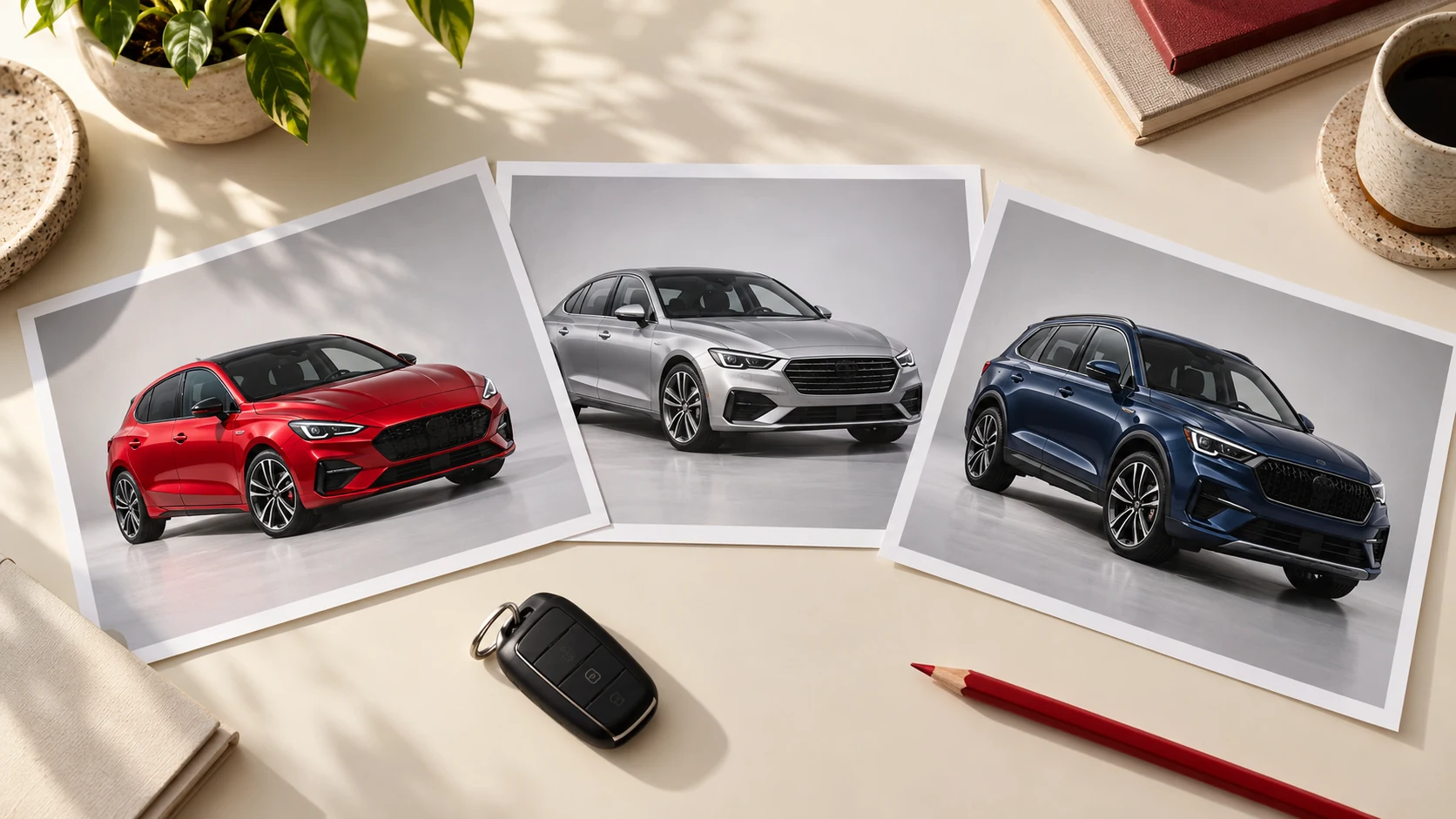 Photographs of a red hatchback, silver saloon and blue SUV beside a car key and red pencil on a desk